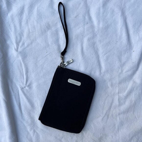 BAGGALINI black wrist wallet, tan interior, excellent wristlet... travel! - Picture 1 of 8